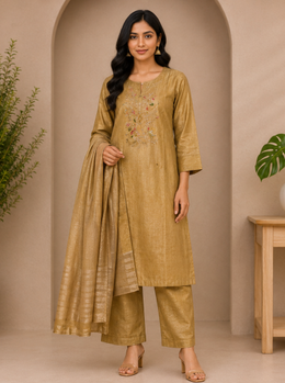 Antique Gold Embroidered Dress Set with Dupatta