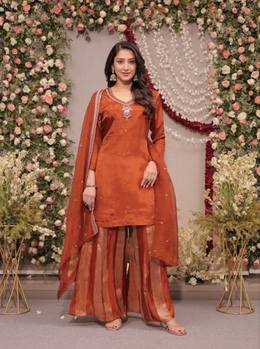 Burnt Orange Festive Dress Set with Dupatta