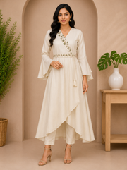 Cream Embroidered Asymmetric Co-Ord Set
