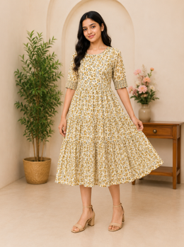 Cream Floral Tiered Midi Dress