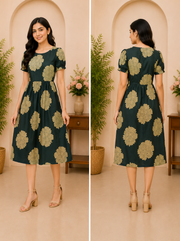 Dark Green Floral Printed Midi Dress