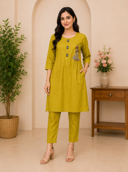 Mustard Artistic Motif Kurta Co-Ord Set