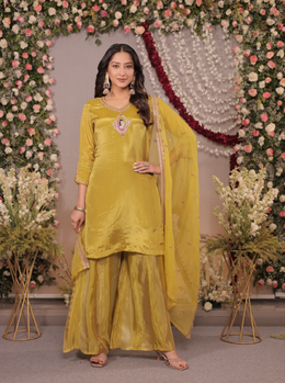 Mustard Shimmer Festive Dress Set with Dupatta