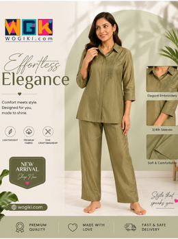 Olive Embroidered Relaxed Co-Ord Set