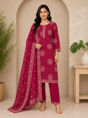 Rani Pink Printed Dress Set with Dupatta