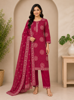 Rani Pink Printed Dress Set with Dupatta