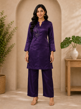Royal Purple Embroidered Satin Co-Ord Set