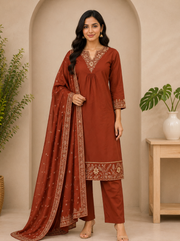 Rust Embroidered Party Dress Set with Dupatta