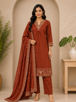 Rust Embroidered Party Dress Set with Dupatta