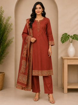 Rust Embroidered Straight Dress Set with Printed Dupatta