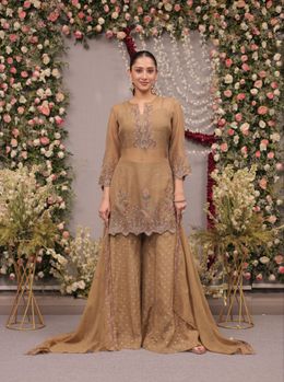 Taupe Embroidered Festive Dress Set with Dupatta