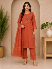 Terracotta Minimal Dress Set with Dupatta