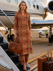 Beige Geometric Printed Cotton Kurta Set