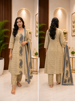 Beige Paisley Printed Kurti Set with Dupatta