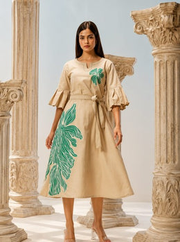 Beige Tropical Leaf Print Cotton A-Line Midi Dress