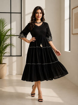 Black Embroidered Cotton Tiered Midi Dress
