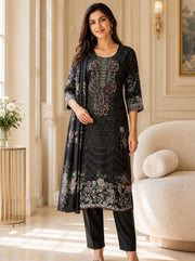 Black Floral Printed Kurta Pant Set with Matching Dupatta