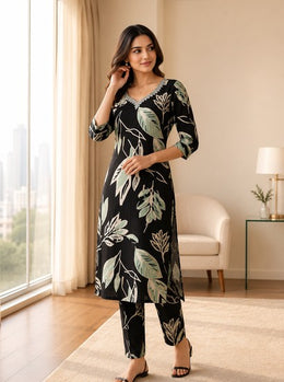 Black Floral Rayon 2-Piece Kurta Set