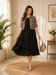 Black Solid Cotton Tiered Midi Dress with Printed Crop Jacket