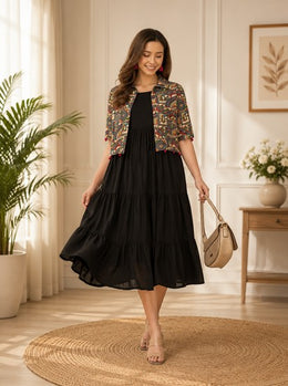 Black Solid Cotton Tiered Midi Dress with Printed Crop Jacket