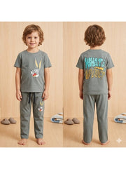 Boys Cartoon Rabbit Print Night Suit - Grey