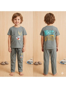 Boys Cartoon Rabbit Print Night Suit - Grey