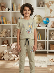 Boys Cartoon Rabbit Print Night Suit - Olive