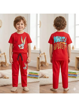 Boys Cartoon Rabbit Print Night Suit - Red