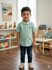 Boys Casual Roll-Up Sleeve Shirt - Mint Green