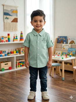 Boys Casual Roll-Up Sleeve Shirt - Mint Green