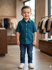 Boys Casual Roll-Up Sleeve Shirt - Teal Blue