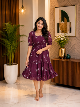 Burgundy Floral Tiered Frock Dress