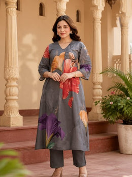 Charcoal Grey Floral Printed Cotton Kurta Set