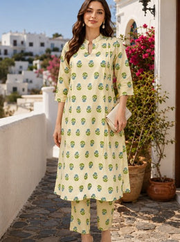 Cream Floral Printed Cotton Kurta Set