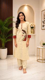 Cream Patchwork Embroidered Kurti Set