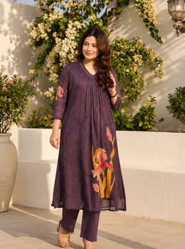 Deep Purple Floral Printed Cotton Kurta Set