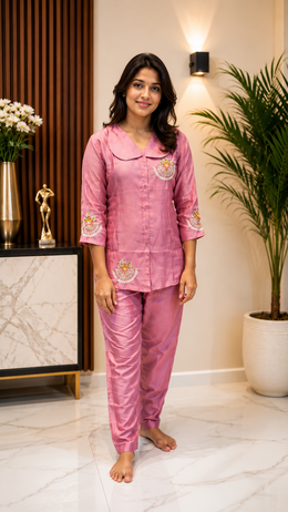 Dusty Pink Embroidered Satin Co-Ord Set