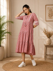 Dusty Rose Floral Printed Cotton Tiered Midi Dress