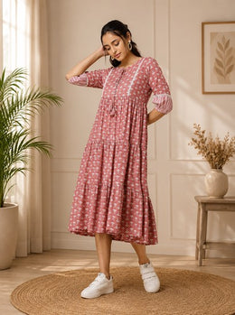 Dusty Rose Floral Printed Cotton Tiered Midi Dress