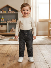 Girls Black Denim Elastic Waist Jeans