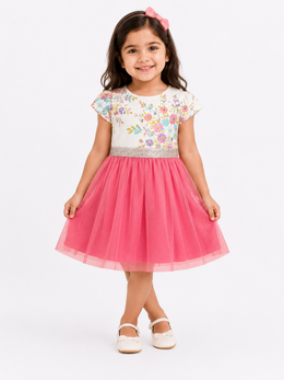Girls Floral Pink Tulle Party Frock