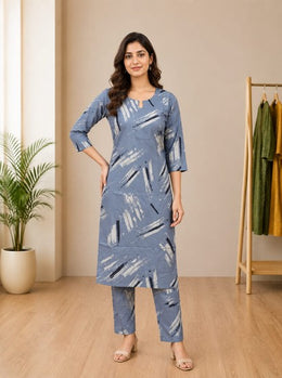 Grey Abstract Print Rayon Kurta Pant Set