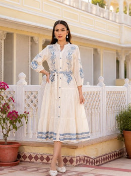Ivory Blue Floral Embroidered Cotton Tiered Shirt Dress