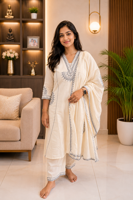 Ivory Grey Embroidered Dress Set with Dupatta