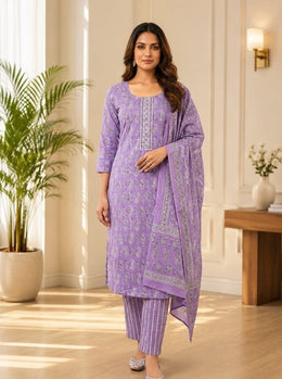 Lavender Printed Kurta Pant Set with Matching Dupatta