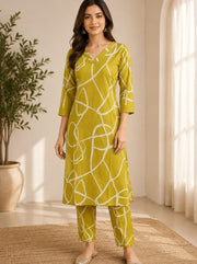 Lime Green Abstract Printed Kurta Pant Set
