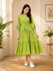 Lime Green Embroidered Cotton Tiered Midi Dress