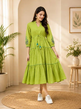 Lime Green Embroidered Cotton Tiered Midi Dress