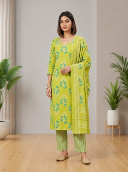 Lime Green Floral Kurta Pant Set