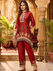 Maroon Ethnic Printed Cotton Kurta Set